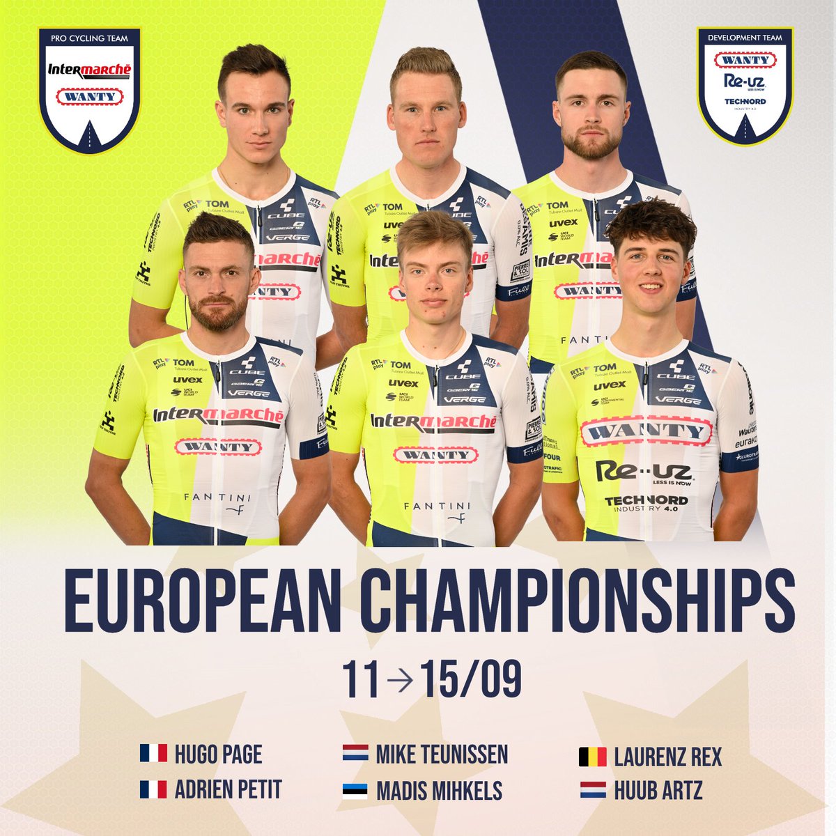 Proud to have 6 riders selected for the European Championships 🌟 

🇳🇱 Huub Artz (U23)
🇪🇪 Madis Mihkels
🇫🇷 Hugo Page
🇫🇷 Adrien Petit
🇧🇪 Laurenz Rex
🇳🇱 Mike Teunissen

#Limburg2024 #EuroRoad24