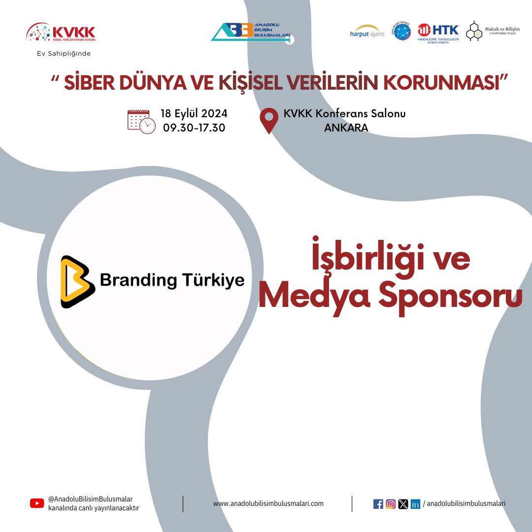 #anadolubilişimbuluşmaları kapsamında, KVKK ev sahipliğinde; Harput Ajans, Hukuk ve Bilişim Dergisi, Kamu Bilişim Derneği ve Haberleşme Teknolojileri Kümelenmesi işbirliği ile düzenlenen, "SİBER DÜNYA ve KİŞİSEL VERİLERİN KORUNMASI" etkinliği için hazır mısınız? 🚀