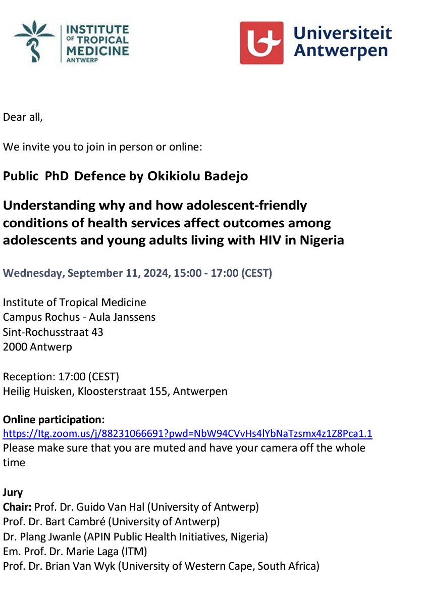 Sexual & Reproductive Health Group at ITM Antwerp (@srhgroup_itm) on Twitter photo ***TOMORROW Sept 11 ***
PhD defence of Okikiolu Badejo <a href="/ITMantwerp/">Institute of Tropical Medicine Antwerp</a>
3pm CET
live (Rochus, Aula Janssens) and online shorturl.at/laKy2
Adolescent-friendly Health Services and Outcomes Among Adolescents and Young Adults Living with HIV in Nigeria ๐ณ๐ฌ
<a href="/APINNigeria/">APIN Public Health Initiatives</a> ***TOMORROW Sept 11 ***
PhD defence of Okikiolu Badejo <a href="/ITMantwerp/">Institute of Tropical Medicine Antwerp</a>
3pm CET
live (Rochus, Aula Janssens) and online shorturl.at/laKy2
Adolescent-friendly Health Services and Outcomes Among Adolescents and Young Adults Living with HIV in Nigeria ๐ณ๐ฌ
<a href="/APINNigeria/">APIN Public Health Initiatives</a>