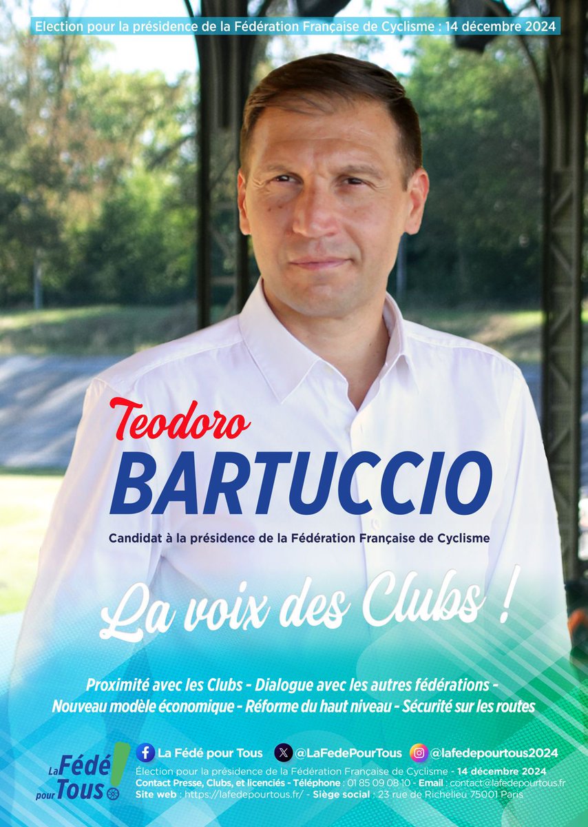 cyclisme_le's tweet photo. 👍 Déclaration de candidature à la présidence de la FFC 

👉 Teodoro Bartuccio, Homme de terrain

🇫🇷 Tout est réuni pour l'assurer de notre soutien 

Jeune homme de terrain et de l'avenir 

Téo est votre voix https://t.co/dhAAorXN2R
