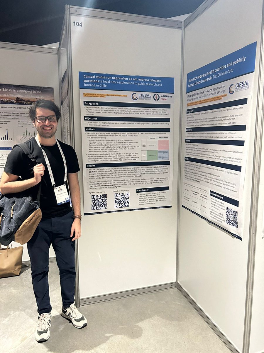 ¡Esto no para! <a href="/nicolasmezac/">Nicolás Meza</a> nos comparte otros dos pósteres que presenta en simultáneo.

1. Los resultados iniciales de una scoping review de la investigación clinica chilena.
2. Un evidence gap map sobre el tratamiento de depresión en investigación chilena.