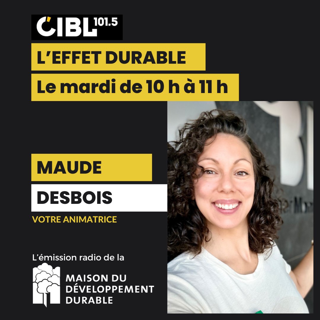 Ce matin c'est le grand retour en ondes de L'Effet Durable, l’émission de la <a href="/MaisonDD/">Maison dév durable</a>, sur les ondes de @CIBLmedia à 10 h. 👏

Notre très talentueuse animatrice <a href="/MaudeDesbois/">Maude Desbois</a>  vous offrira des sujets passionnants que vous ne voudrez pas manquer! 😱
