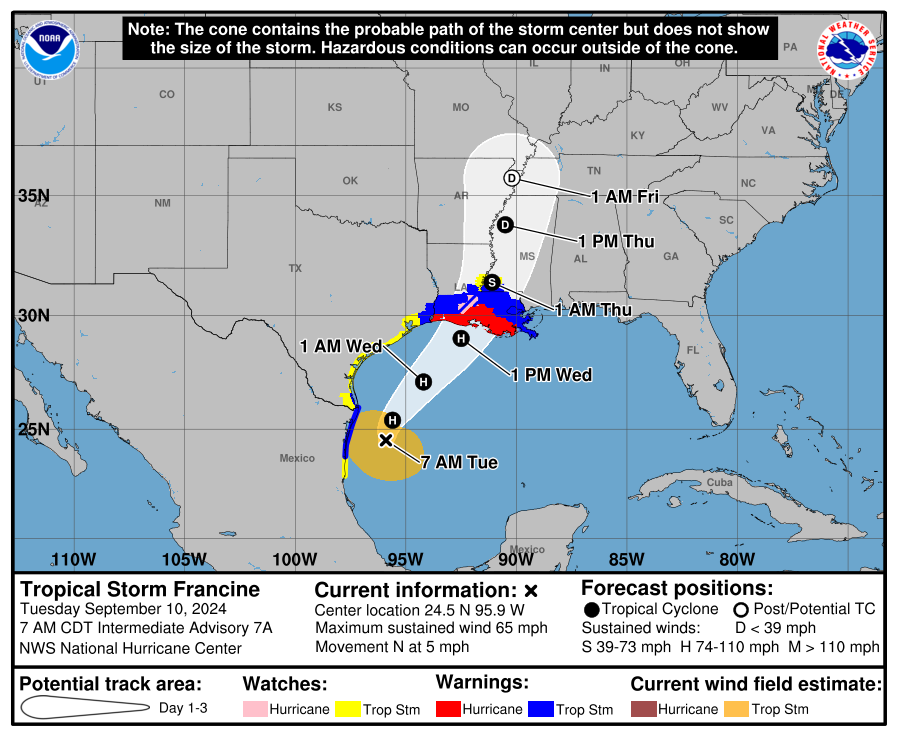 NHC_Atlantic's tweet photo. 7am CDT Sep 10th Update on Tropical Storm #Francine. 

Coastal Hurricane Warnings have been extended eastward to Grand Isle, LA. A Tropical Storm Warning is now in effect to the mouth of the Pearl River, including metropolitan New Orleans.

Latest update: https://t.co/b0277jkLwh