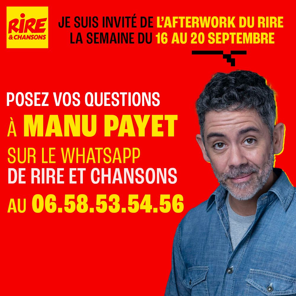 Vous  aussi posez nous vos questions pour <a href="/ManuPayetOff/">Manu Payet</a> sur le répondeur  Whatsapp de la radio au 06.58.53.54.56 en message audio sans oublier  votre nom + votre ville !!
A l'occasion du retour de l'Afterwork du Rire la semaine du 16 septembre  à 17h ! 📷