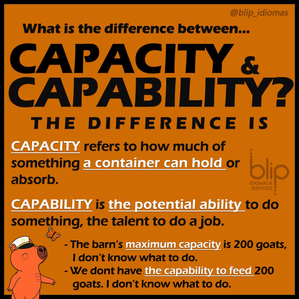 Blip_Idiomas's tweet image. Good day, earners! Remember:

🔸CAPACITY: how much/how many
What is the maximum content in one container? That&apos;s the CAPACITY.

🔸CAPABILITY: talent/skill
Can a person do this? Are they physically and mentally able to do it? That&apos;s the CAPABILITY.

That&apos;s #TheDifference

❤️ 🔁 💬