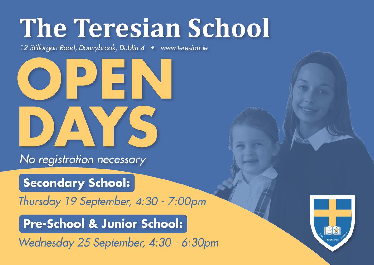 The Teresian School in Donnybrook Dublin 4, is hosting Open Days for prospective students and their parents on the 19th and 25th September. All are welcome to attend.