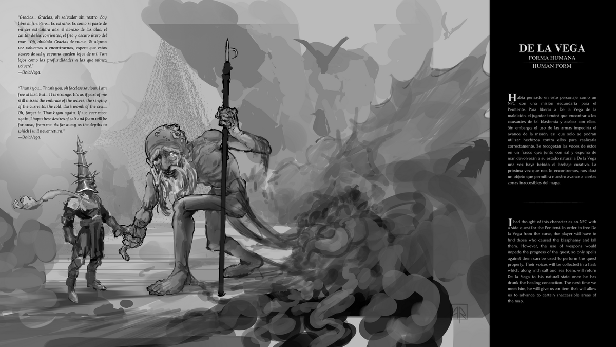 PabloRiveraArt's tweet photo. Blasphemous Fan Art. I wanted to design a character from Cvstodia. This is De la Vega, a fish-man based on a Cantabrian tale. @qapitan @TheGameKitchen @BlasphemousGame  #Blasphemous #fanart #conceptart https://t.co/L0TdSirwzE