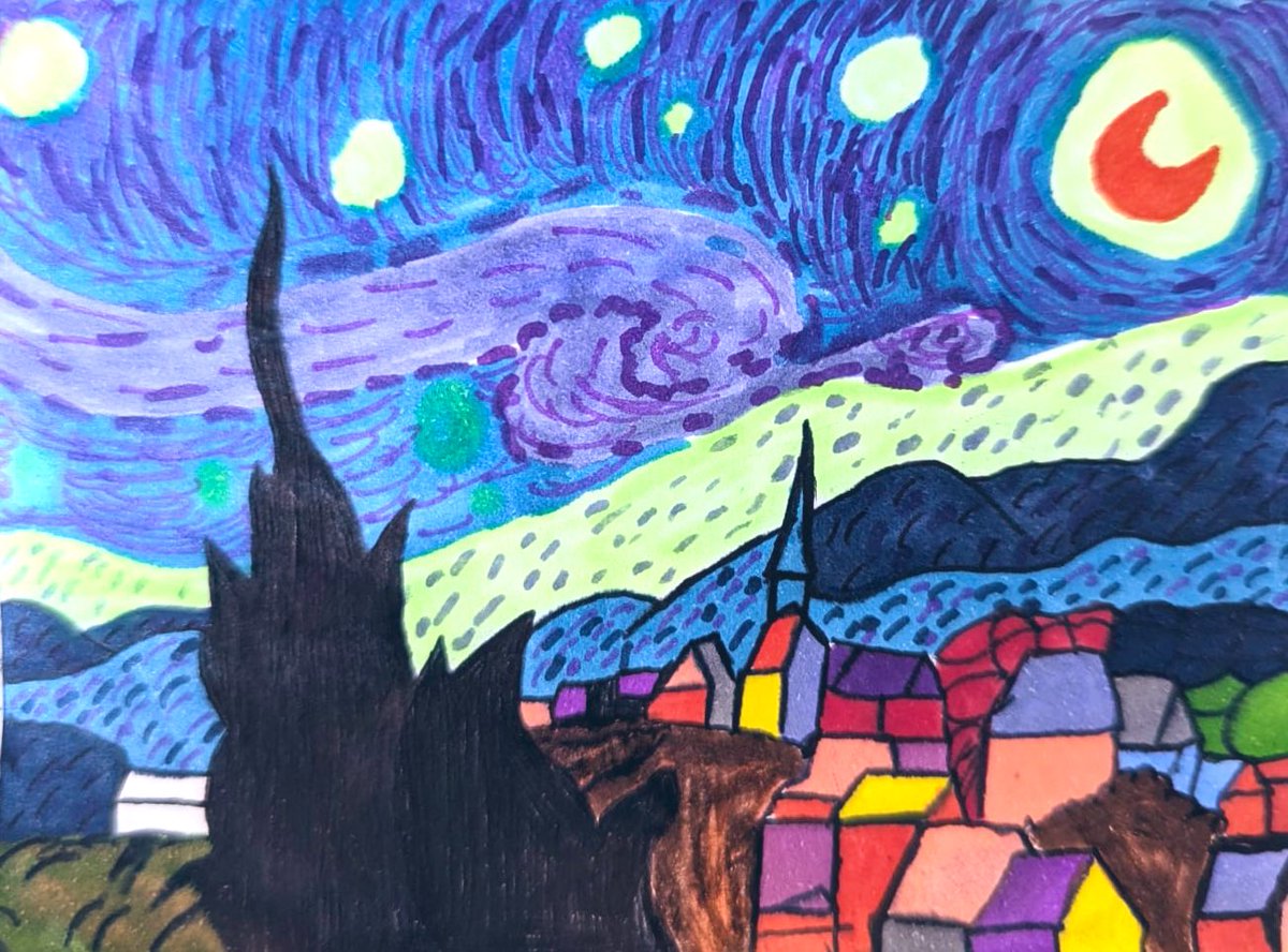 design_ehs's tweet image. S1 student being inspired by Van Gogh and recreating the art work on a post it note at home! Lovely results, well done Jayden!