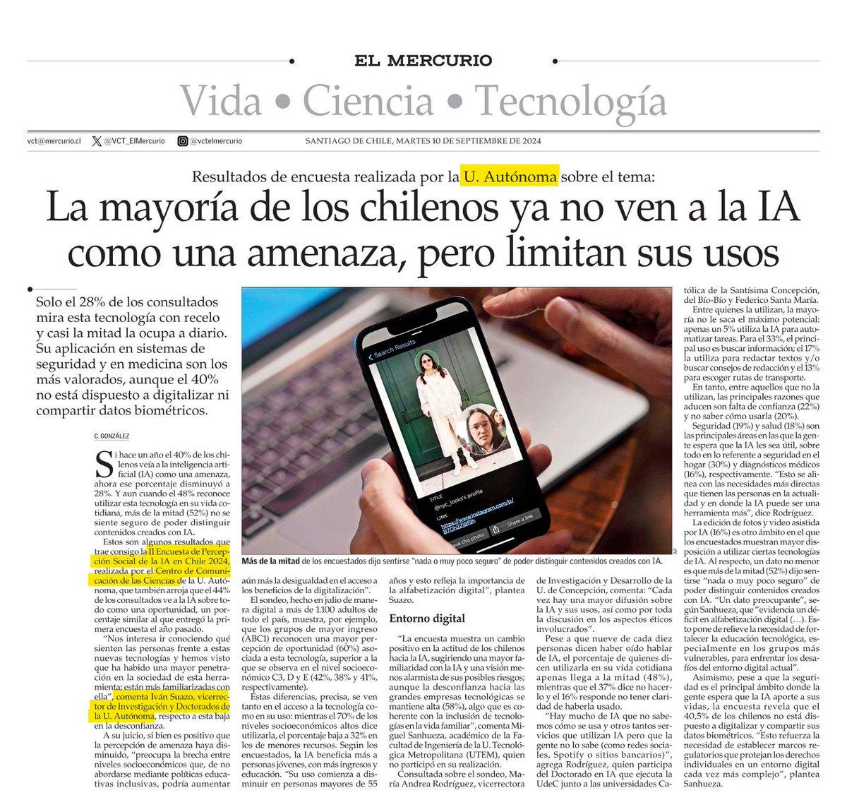#Prensa | Hoy <a href="/VCT_ElMercurio/">VCT El Mercurio</a> destaca los resultados de nuestra II Encuesta de Percepción Social de la #InteligenciaArtificial en Chile 😃

Si bien baja la percepción de amaneza entre los chilenos, se ebserva un uso todavía básico de esta herramienta 👇