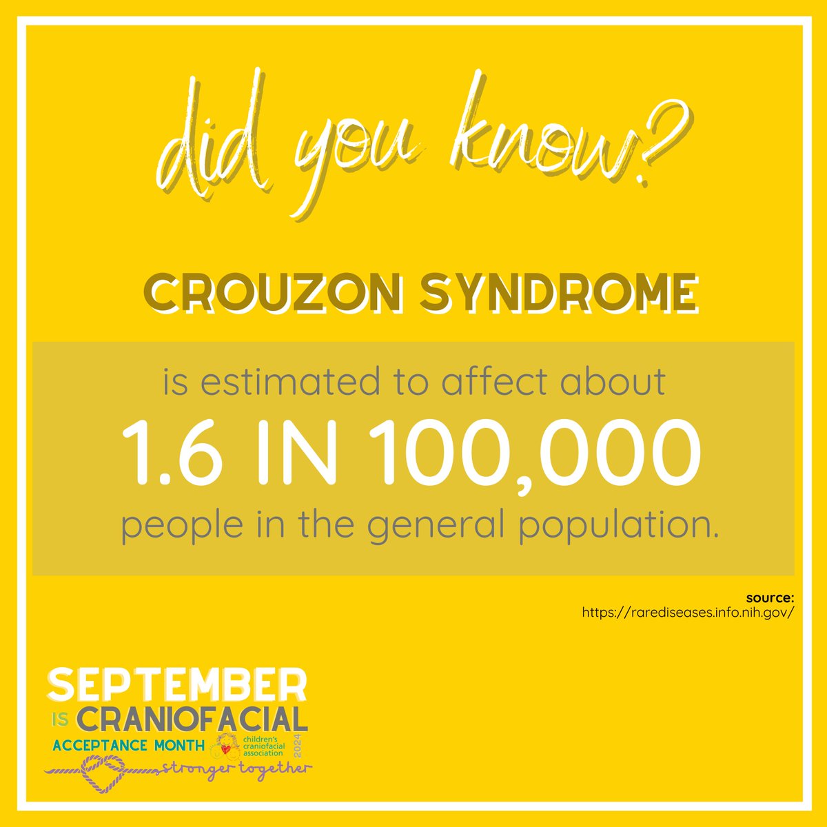CCAKidsTweet's tweet photo. 𝐃𝐈𝐃 𝐘𝐎𝐔 𝐊𝐍𝐎𝗪?
#Crouzon #Syndrome
𝘏𝘢𝘱𝘱𝘺 #𝘊𝘈𝘔𝟸𝟶𝟸𝟺, 𝘵𝘢𝘨 𝘶𝘴 𝘪𝘯 𝘺𝘰𝘶𝘳 𝘤𝘦𝘭𝘦𝘣𝘳𝘢𝘵𝘪𝘰𝘯𝘴 𝘢𝘯𝘥 𝘴𝘵𝘰𝘳𝘪𝘦𝘴 𝘵𝘩𝘪𝘴 𝘮𝘰𝘯𝘵𝘩! #𝘊𝘊𝘈𝘒𝘪𝘥𝘴
-—
DONATE AT:
⚪ https://t.co/QnrCsqeRqC https://t.co/uDDdhOdPKF
