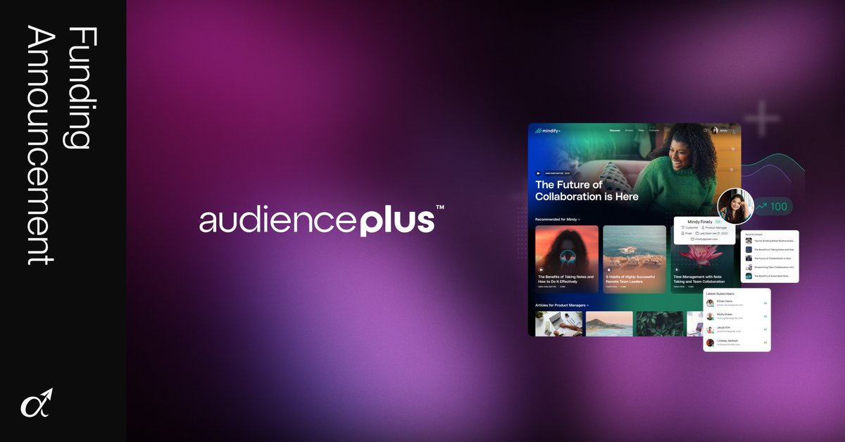 High Alpha (@highalpha) on Twitter photo Thrilled to announce our investment in <a href="/AudiencePlusHQ/">AudiencePlus</a>, helping marketing teams build relationships through AI-driven owned media. The $7M round was led by High Alpha alongside <a href="/emergencecap/">Emergence Capital</a> & <a href="/phxventures/">phxventures</a>. Congrats, <a href="/akennada/">Anthony Kennada</a>! Read more: audienceplus.com/discover/audie… Thrilled to announce our investment in <a href="/AudiencePlusHQ/">AudiencePlus</a>, helping marketing teams build relationships through AI-driven owned media. The $7M round was led by High Alpha alongside <a href="/emergencecap/">Emergence Capital</a> & <a href="/phxventures/">phxventures</a>. Congrats, <a href="/akennada/">Anthony Kennada</a>! Read more: audienceplus.com/discover/audie…