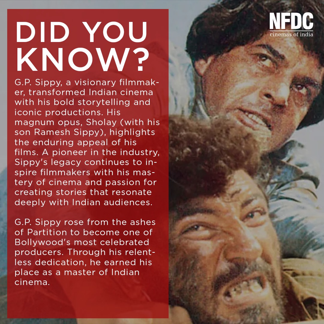 nfdcindia's tweet photo. G. P. Sippy, a name synonymous with cinematic brilliance, reshaped Indian cinema with his legendary productions. He transitioned from law to filmmaking, leaving an indelible mark on Bollywood.
#GPsippy #BollywoodLegend #MadeWithMasters #CinemaIcon #Sholay https://t.co/foiRTfULG9