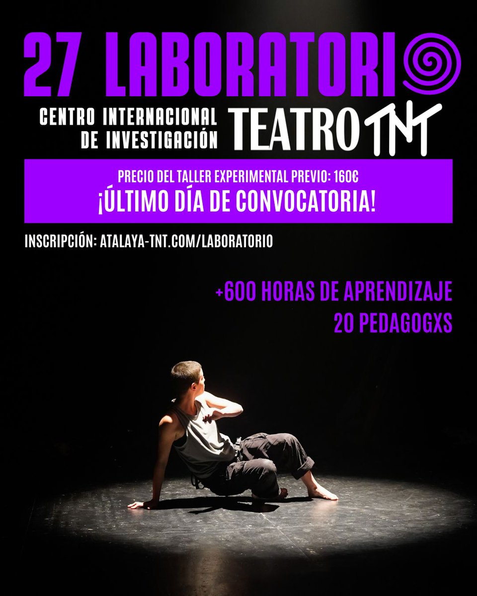 💥 ¡ÚLTIMA OPORTUNIDAD PARA FORMAR PARTE DEL 27º LABORATORIO DE TNT! 💥

📆 FECHAS DEL TALLER EXPERIMENTAL: 16-20 de SEPTIEMBRE. En él se seleccionará a las 16 personas integrantes del 27° Laboratorio Internacional de TNT.

+INFO E INSCRIPCIÓN atalaya-tnt.com/laboratorio
