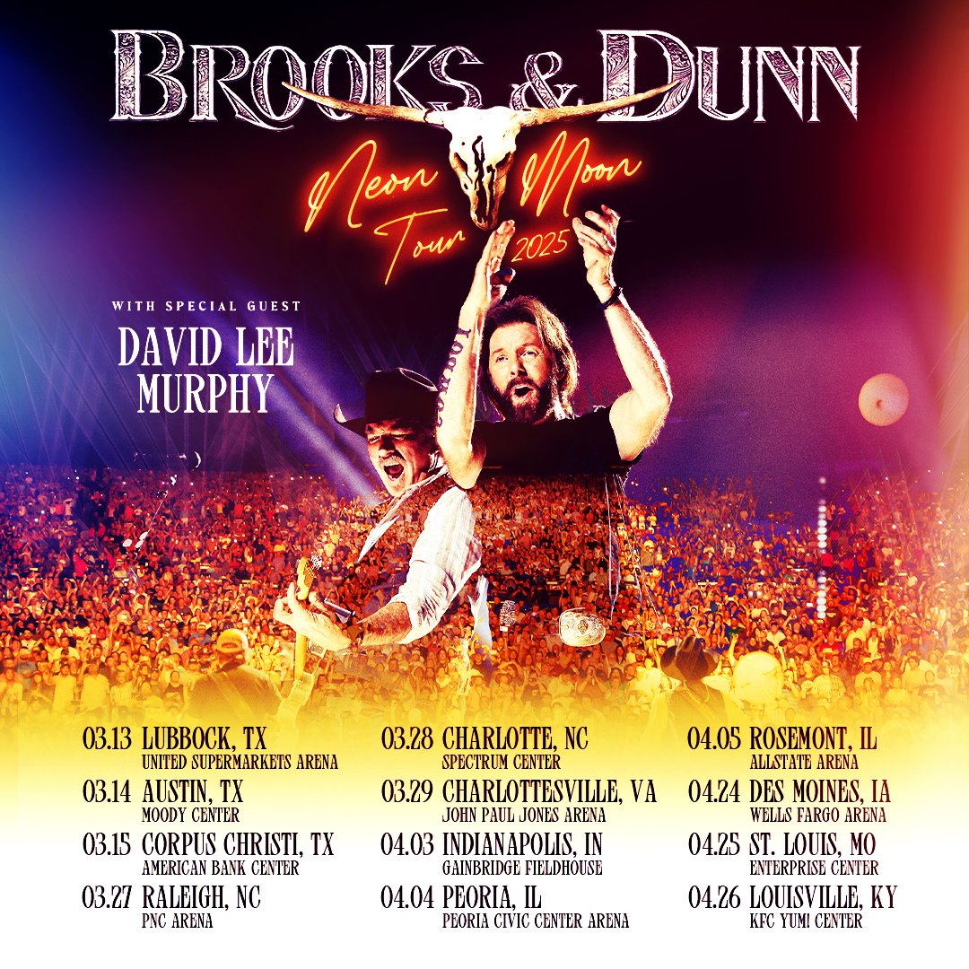 RonnieDunn's tweet photo. NEON MOON TOUR 2025 coming to a city near you! Bringin’ our friend @davidleemurphy so you know it's gonna be a party. Tickets on sale this Friday, September 13th at 10am local time. https://t.co/FHBUDP3oQy