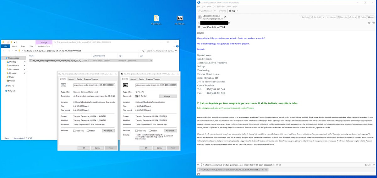 kddx0178318's tweet image. #GuLoader #malware with 3 different languages in the same mail EN, CZ &amp;amp; ES. rfq_final_product_purchase_order_import_list_10_09_2024_00000024.7z&amp;gt;
rfq_final_product_purchase_order_import_list_10_09_2024_00000024.cmd &amp;gt; 
encoded PS x2 &amp;gt; 
C&amp;amp;C from BG notariusnaydenova[.]eu