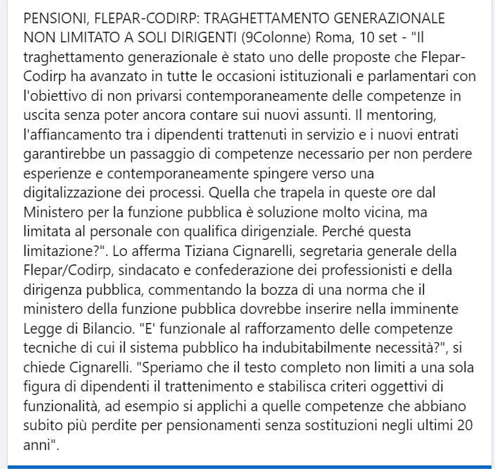 FLEPAR__'s tweet image. PENSIONI, FLEPAR-CODIRP: TRAGHETTAMENTO GENERAZIONALE NON LIMITATO A SOLI DIRIGENTI