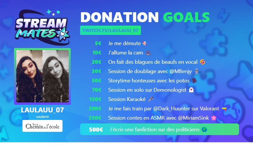 Hey ! Du 18 au 20 Octobre je participe au
<a href="/StreamMatesOff/">✨ StreamMates - Événementiel Twitch</a>
! Voici mes donations goals ! Viens soutenir la bonne cause, c'est important.🌸