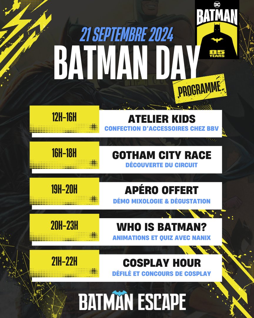Viens célébrer le #BatmanDay avec nous ! 🦇
Rendez-vous le 21 septembre pour profiter de plusieurs activités autour de l'univers du Chevalier Noir
Bonus : c'est gratuit tout le week-end pour tous  Robin et les Barbara 🥳
Pour en savoir plus : linktr.ee/batman_escape
#BatmanEscape