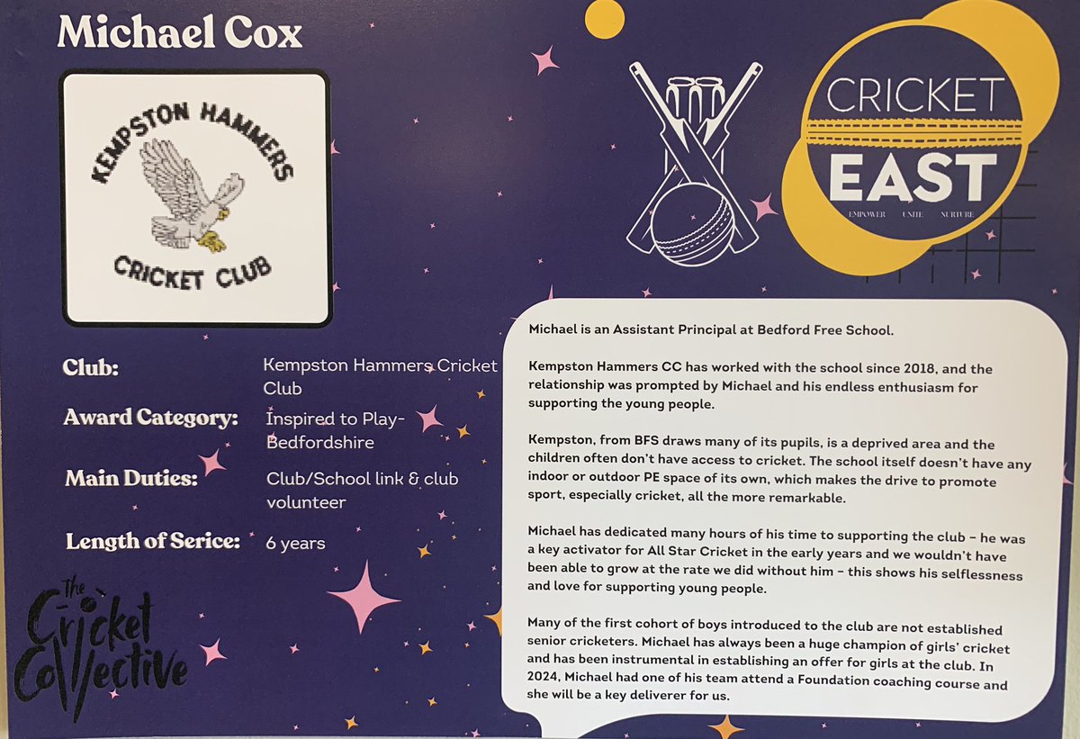 Honoured to receive an ‘Inspired to play’ award <a href="/Cricket_East/">Cricket East</a> for engaging young people in cricket from <a href="/bedsfreeschool/">Bedford Free School</a> and our club link with the wonderful <a href="/khcricketclub/">Kempston Hammers CC</a>.