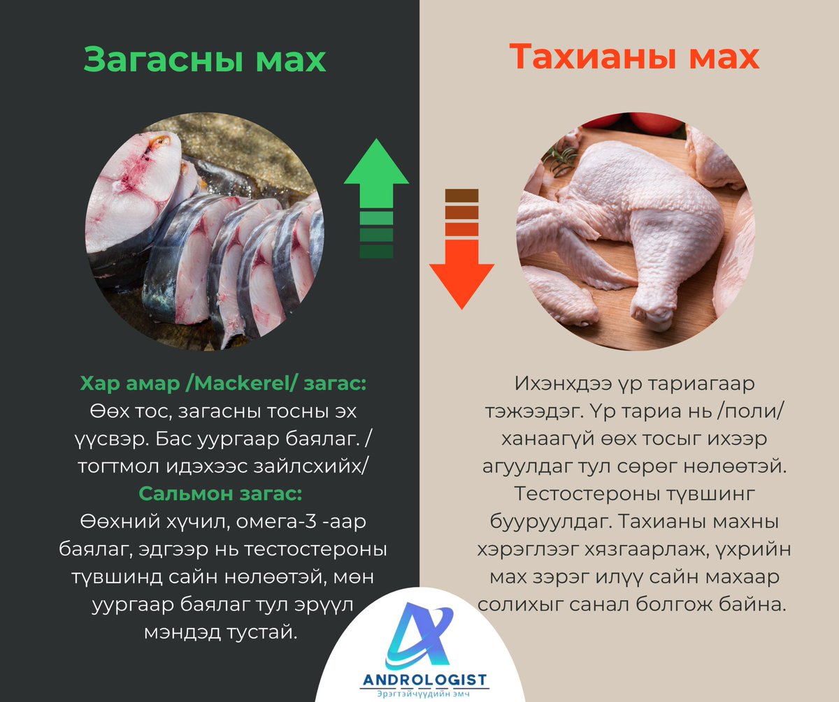 PuuJe_S's tweet photo. Тестостерон дааврыг нэмэгдүүлэх болон бууруулах хүнс 
✅Хар амар /Mackerel/ загас:
Өөх тос, загасны тосны эх үүсвэр. Бас уургаар баялаг. /тогтмол идэхээс зайлсхийх/
✅Сальмон загас: 
Өөхний хүчил, омега-3 -аар баялаг, эдгээр нь тестостероны түвшинд сайн нөлөөтэй, https://t.co/Hk8AEgFPZb