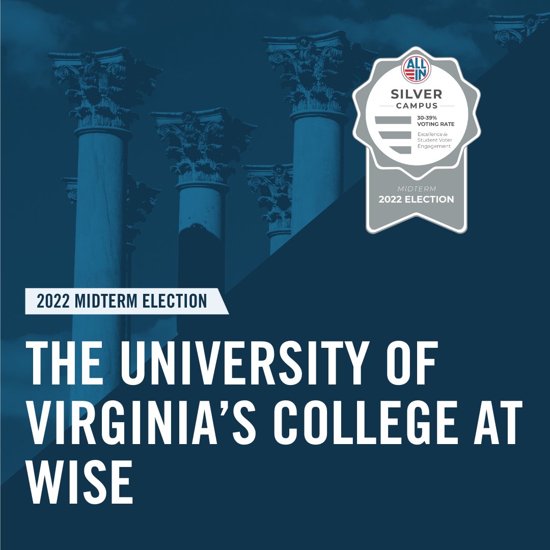 The University of Virginia’s College at Wise earned a silver seal from <a href="/allintovote/">ALL IN Campus Democracy Challenge</a> for our nonpartisan democratic engagement efforts in the 2022 Midterm Elections! We are honored to receive this recognition, and have plans to go even bigger in 2024! 🎉