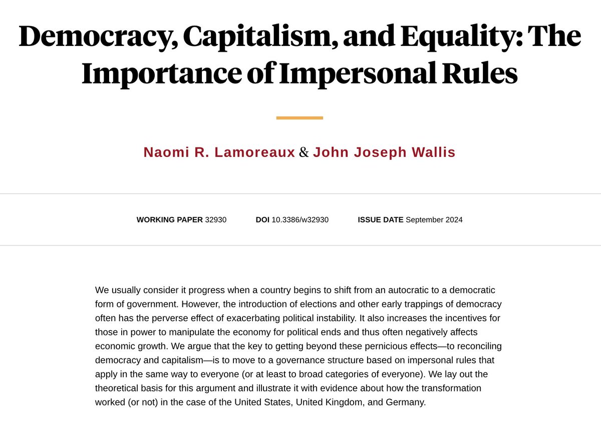 NEW in <a href="/nberpubs/">NBER</a>: "Democracy, Capitalism, and Equality: The Importance of Impersonal Rules"

By Naomi R. Lamoreaux &amp; John Joseph Wallis: nber.org/papers/w32930