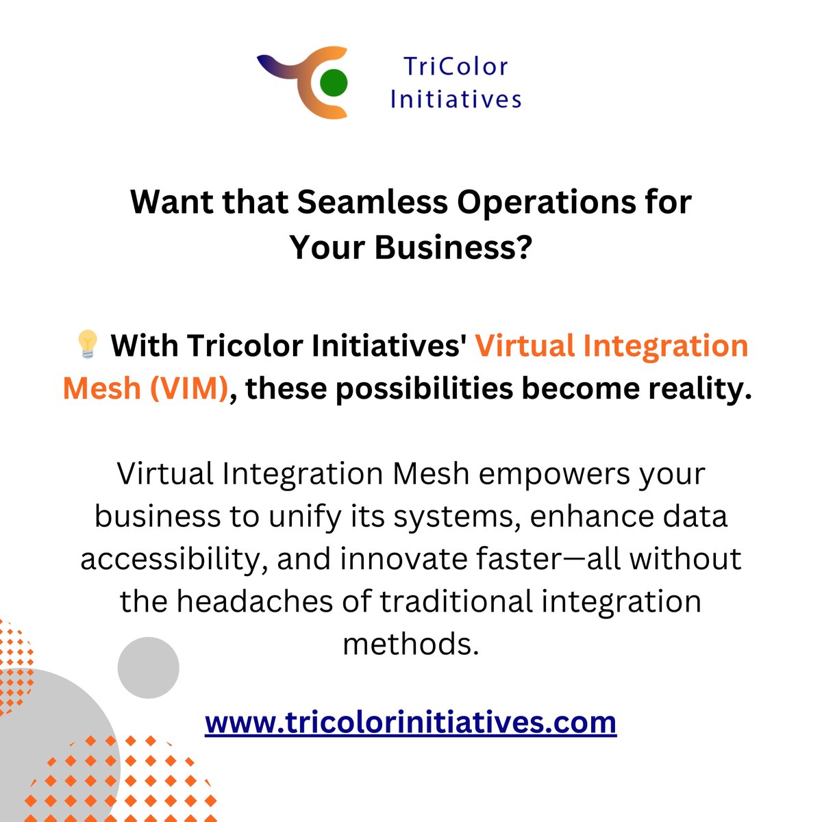 TriColorInitia's tweet image. The future of your business is just one integration away.💡🔍Tricolor Initiatives’ Virtual Integration Mesh makes this possible, enabling seamless integration and real-time data flow. 

#DigitalTransformation #Integration #VirtualIntegrationMesh #BusinessInnovation #TechSolutions