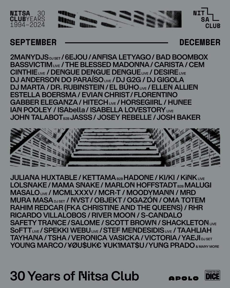 To continue celebrating 30 years of Nitsa Club, our end-of-season programme honors both the legacy of electronic music pioneers who reached the top rung and the freshness sought by those new partygoers just starting to climb our stairs 𓊎 

🎟 dice.fm/promoters/nits…