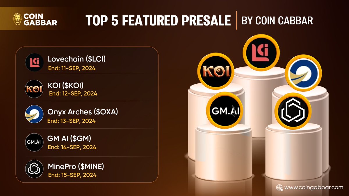 coin_gabbar_'s tweet photo. 🔥Top 5 ICO by #CoinGabbar 🚀
ICO End Date
$LCI - 11 Sept.
$KOI - 12 Sept.
$OXA - 13 Sept.
$GM - 14 Sept.
$MINE - 15 Sept.
Visit: https://t.co/ILuYxlkyJk
#CryptoICO #ICO #Lovechain #KOI #OnyxArches #GMAI #MinePro #cryptopresale #presale #ido #cryptocurrency #bestcryptopresale #crypto