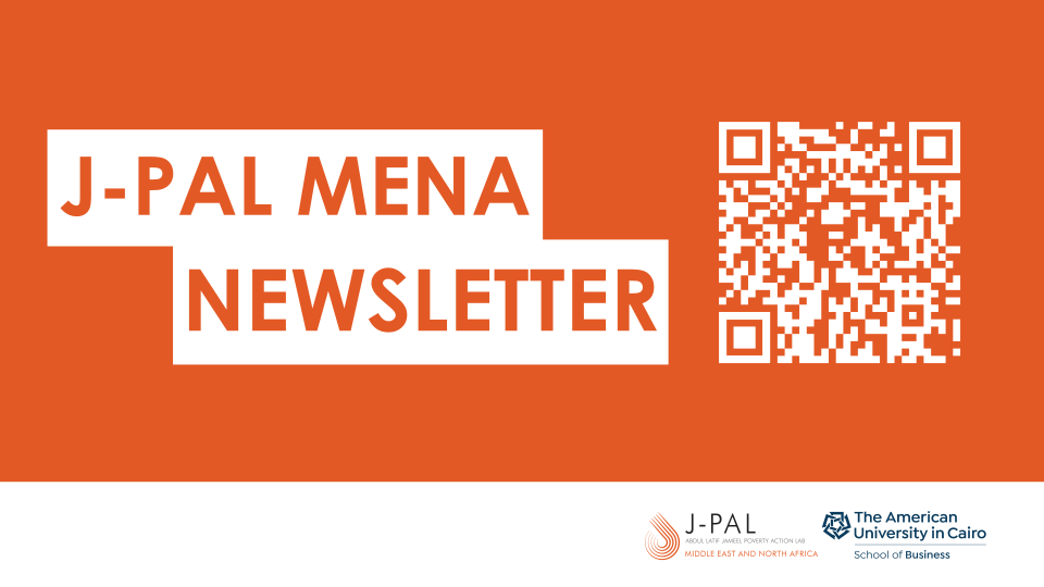 📬 Sign up to get the latest news from J-PAL MENA!

Subscribe now using the link or QR Code. Make sure to check the “e-News and MENA region” boxes to get our latest email newsletter this month: shorturl.at/2K0Yp