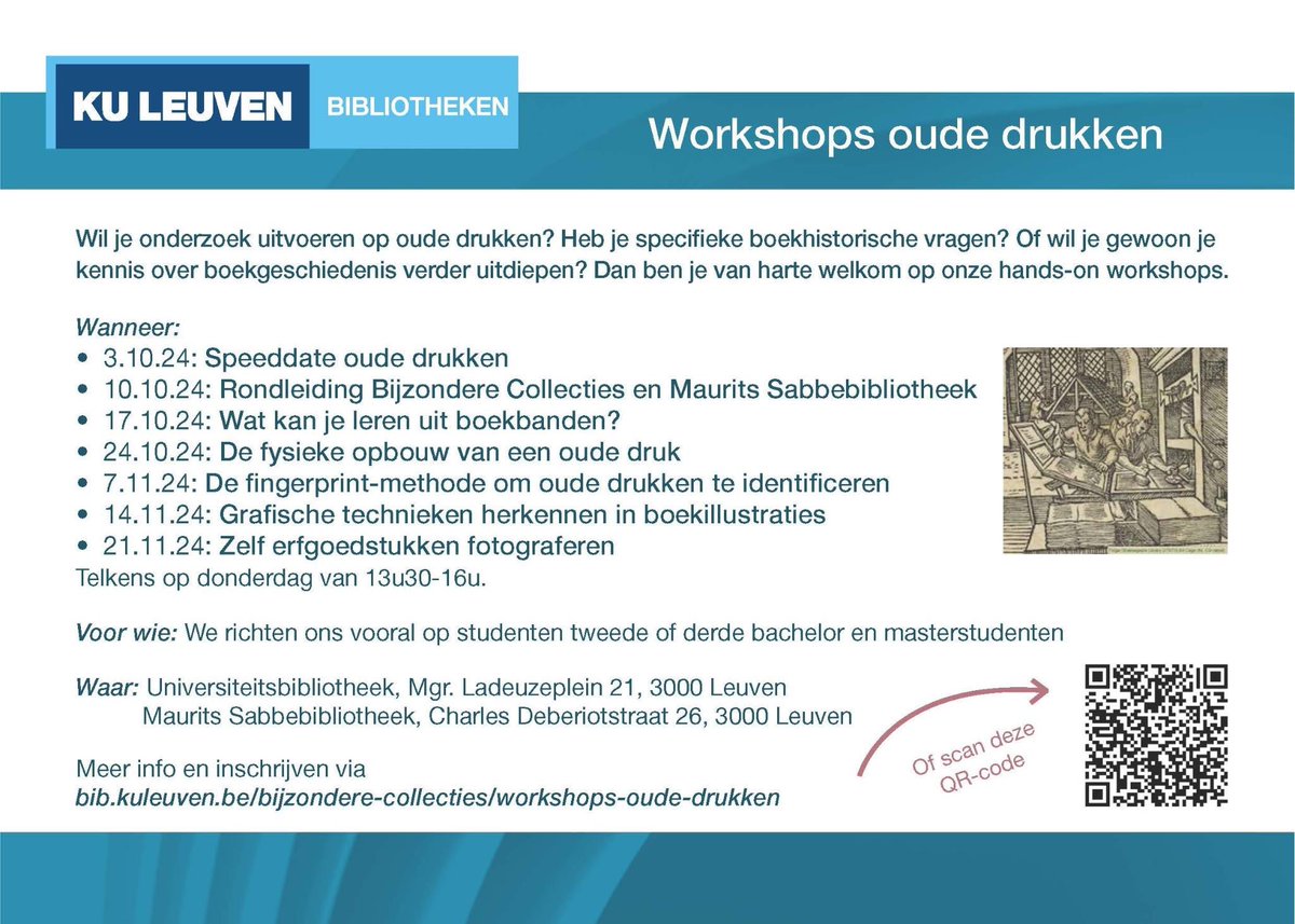Interested in book history or old prints? Check out Workshops oude drukken 2024 for master students and undergraduates at <a href="/KU_Leuven/">KU Leuven</a> Bibliotheken this fall! 👉bib.kuleuven.be/bijzondere-col…
