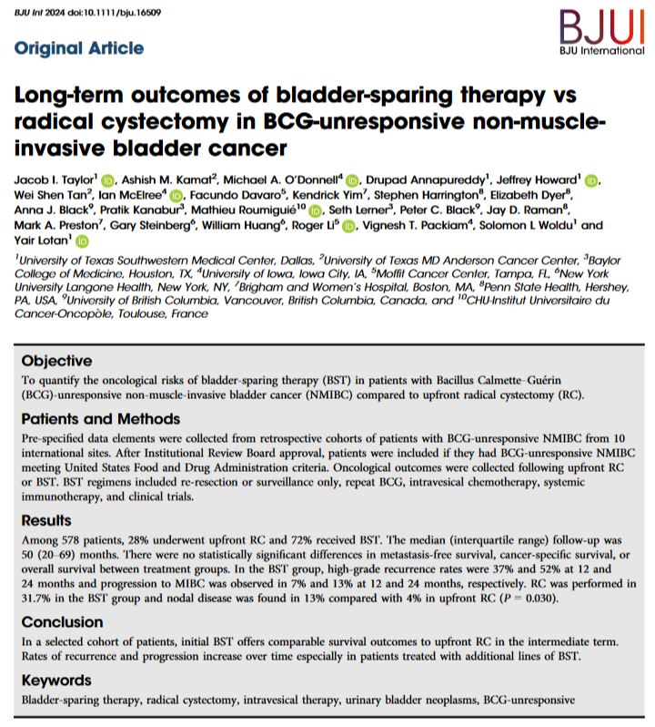 BJU International (@bjuijournal) on Twitter photo Bladder sparing therapy, in carefully selected patients with BCG-unresponsive #BladderCancer, provides comparable survival in the intermediate term to upfront radical cystectomy.
<a href="/doctorjakeuro/">Jake Taylor, MD, MPH</a>
doi.org/10.1111/bju.16… Bladder sparing therapy, in carefully selected patients with BCG-unresponsive #BladderCancer, provides comparable survival in the intermediate term to upfront radical cystectomy.
<a href="/doctorjakeuro/">Jake Taylor, MD, MPH</a>
doi.org/10.1111/bju.16…