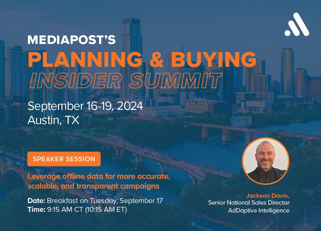 AdDaptive's tweet photo. Do you use offline data in your ad campaigns? Learn how at MediaPost's Planning &amp; Buying Insider Summit, Sep 16-19 in Austin, TX. At breakfast 9/17 our sr sales director Jackson Davis will help you achieve accuracy, scale, AND transparency. See you there! https://t.co/WAVocieuIH https://t.co/dsq1mbGa5W