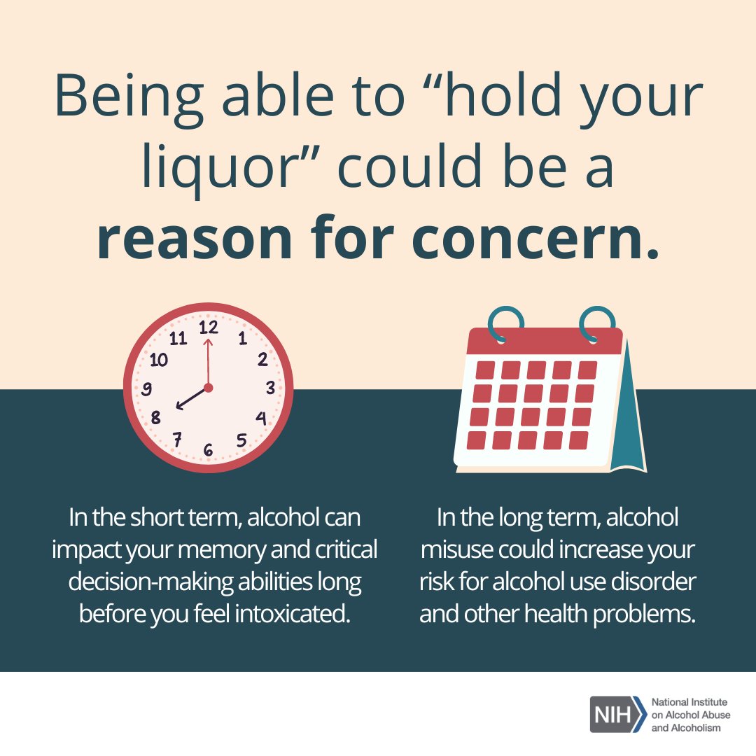 NIAAAnews's tweet image. For some people who drink, it takes quite a few drinks to “get buzzed.” Over time, more and more alcohol is needed to become intoxicated. Contrary to what you may think, “holding your liquor” is a reason for concern.