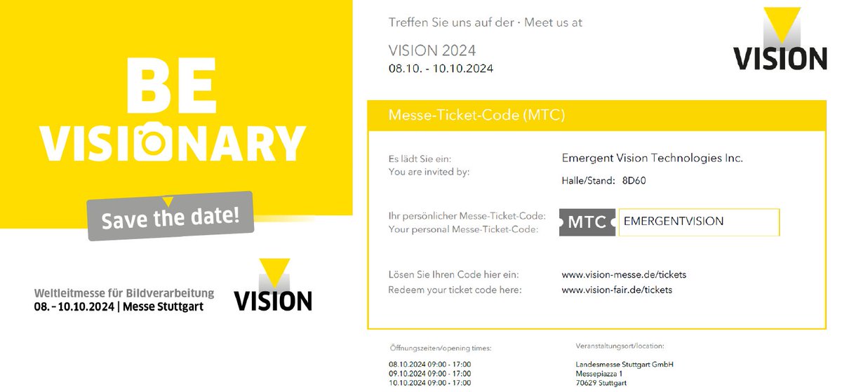 emergent_vision's tweet image. NEXT MONTH: Join us October 8-10 in booth 8D60 at Vision Stuttgart 2024 where Emergent will showcase its latest award-winning, high-speed imaging technologies. For more information on what to expect and how to get your free ticket: bit.ly/EVT-VISSTUT2024

#visionstuttgart2024