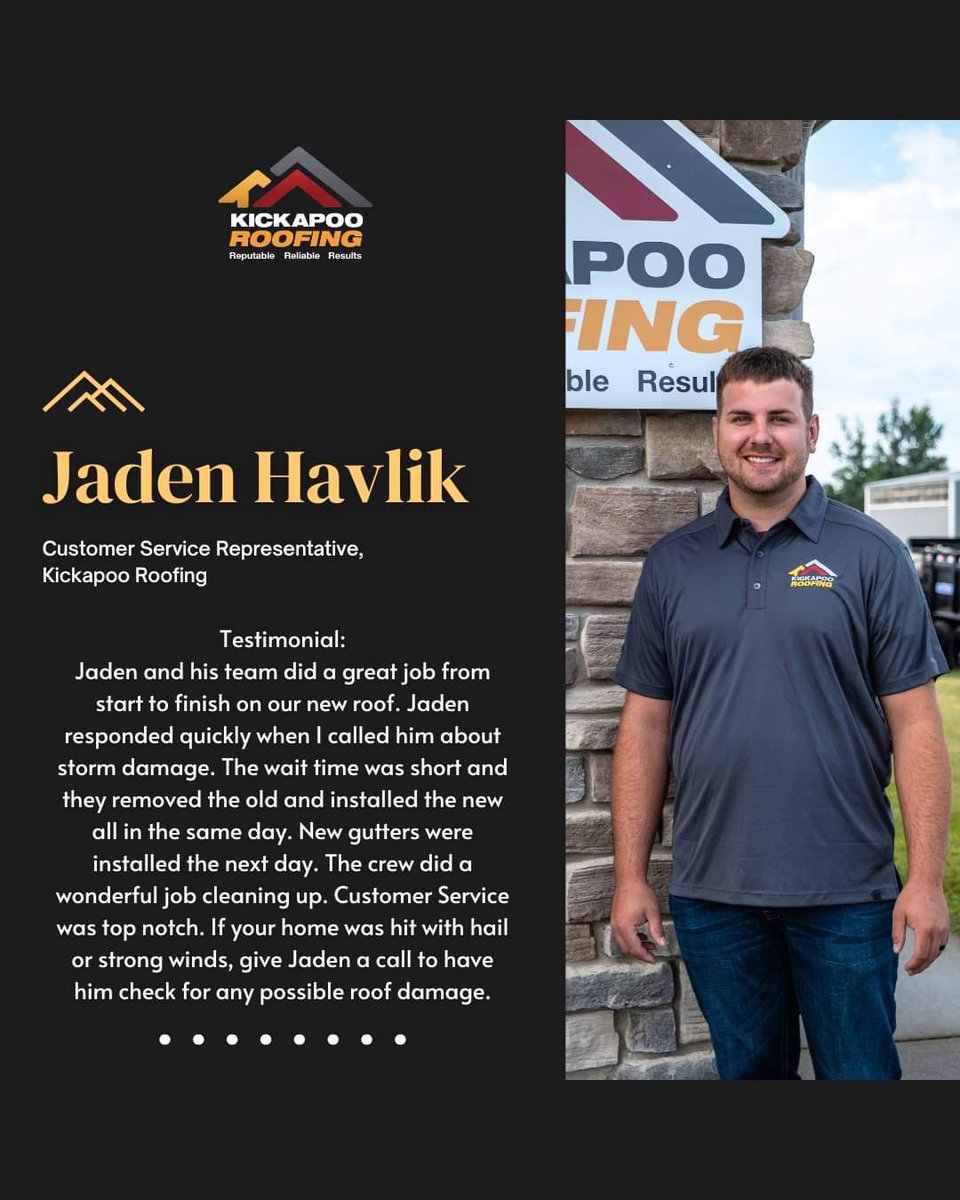 KickapooRoofing's tweet image. 🌟 Employee Spotlight: Jaden! 🌟 Find out why our clients love his work. 

Read more reviews at kickapooroofing.com

#TeamKickapoo #EmployeeSpotlight