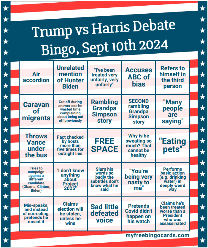 Seej500's tweet photo. OK, here's a bingo card for the #TrumpHarrisDebate - please feel free to share etc 😁 https://t.co/AqF1Oqe2OR