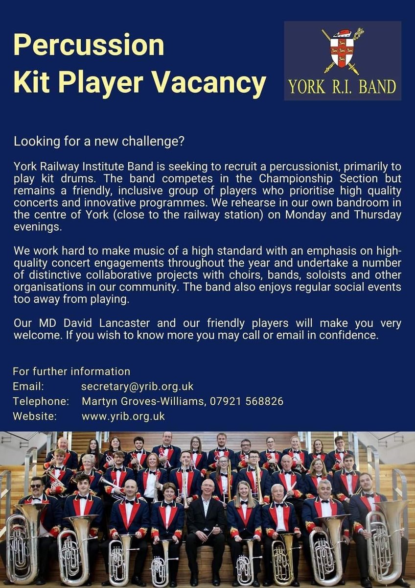 Music_at_York's tweet photo. 📣 Calling all Brass players - @YorkRIBand have two vacancies: 

🎺 Front Row Cornet Player
🥁 Percussion Kit Player 

Don’t miss this fantastic opportunity to be part of York’s oldest Brass Band! 🎶 https://t.co/Ql8GcEqJkP