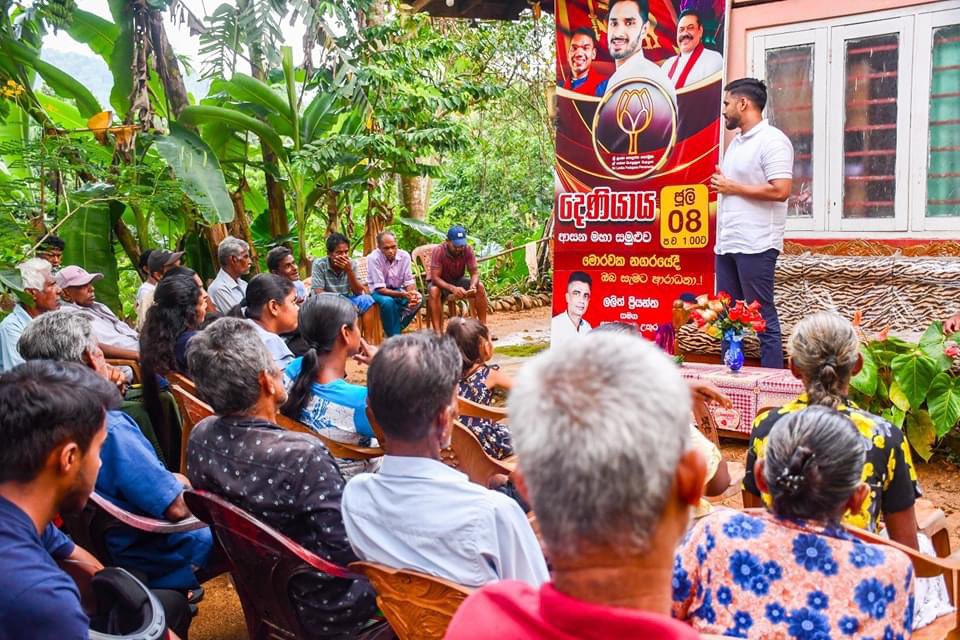 Radzpeiris's tweet photo. A pocket meeting for SLPP's presidential candidate @RajapaksaNamal was held on the 8th at the home of Kotapola North candidate Mr. Lalith. Minister Nipuna Ranawaka presided over the event, which also saw the opening of the election office for the division. #SLPP #Namal2024 https://t.co/1TspHMVFgV