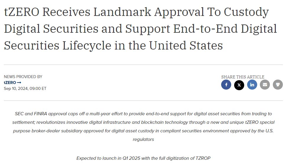 <a href="/tZERO/">tZERO</a> and its broker-dealer subsidiaries received SEC and FINRA approval to operate as one of only two Special Purpose Broker-Dealers in the US for digital asset securities custody. This is a significant achievement in our multi-year effort to support the entire digital