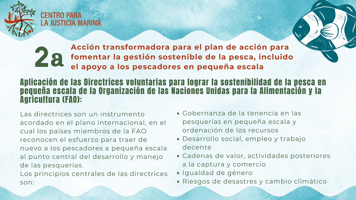 2️⃣ de 3️⃣ Como parte de la responsabilidad de los Estados de asegurar un futuro sostenible para las comunidades de #PescadoresArtesanales y el uso sostenible de la biodiversidad marina y costera de manera equitativa y responsable, el <a href="/CJusticiaMarina/">Centro para la Justicia Marina (Colombia)</a> propone que se apliquen las