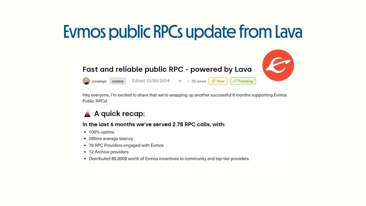 Common (@commondotxyz) on Twitter photo 🌋 <a href="/lavanetxyz/">Lava Network 🌋</a> has been making moves in the <a href="/EvmosOrg/">Evmos // evmOS ☄️</a> community!
Lava Network has successfully supported Evmos RPCs for 6 months, serving 2.7B calls with high performance. 🔥
They're extending the partnership for another 6 months! 🌋 <a href="/lavanetxyz/">Lava Network 🌋</a> has been making moves in the <a href="/EvmosOrg/">Evmos // evmOS ☄️</a> community!
Lava Network has successfully supported Evmos RPCs for 6 months, serving 2.7B calls with high performance. 🔥
They're extending the partnership for another 6 months!