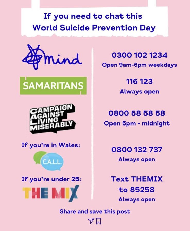 It’s okay not to be okay, start the conversation today #suicidepreventionday <a href="/MindCharity/">Mind</a> <a href="/samaritans/">Samaritans</a> <a href="/theCALMzone/">CALM</a>