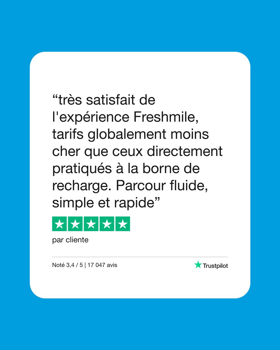 Nos clients parlent pour nous ! ⭐️

Découvrez ce qu’ils pensent de leur expérience avec Freshmile.

Merci pour votre confiance ! 🚗💨

#Freshmile #MobilitéElectrique #EVCharge