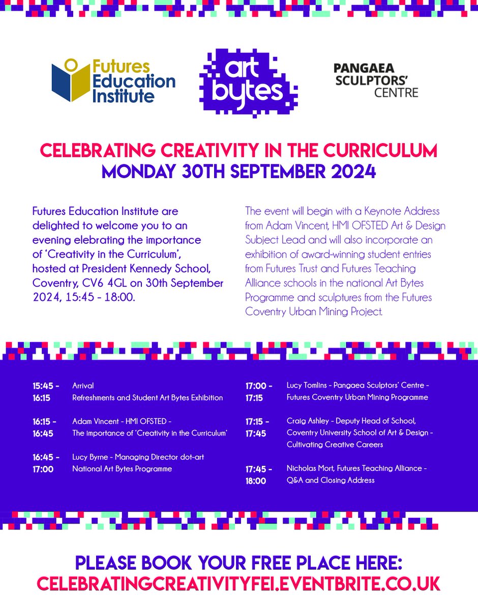 Futures Teaching Alliance (@futuresteaching) on Twitter photo Book your place at CELEBRATINGCREATIVITY.EVENTBRITE.CO.UK
Keynote from <a href="/AdamVincentHMI/">Adam Vincent</a>, Art and Design subject lead for <a href="/Ofstednews/">Ofsted</a>.
In collaboration with <a href="/ArtBytes_/">Art Bytes</a> and <a href="/pangaeacentre/">Pangaea Sculptors’ Centre</a> #creativity #education Book your place at CELEBRATINGCREATIVITY.EVENTBRITE.CO.UK
Keynote from <a href="/AdamVincentHMI/">Adam Vincent</a>, Art and Design subject lead for <a href="/Ofstednews/">Ofsted</a>.
In collaboration with <a href="/ArtBytes_/">Art Bytes</a> and <a href="/pangaeacentre/">Pangaea Sculptors’ Centre</a> #creativity #education