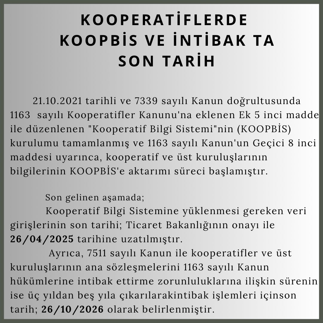 Kooperatiflerde Koopbise veri girme zorunluluğu ve intibakta son tarih nedir?
