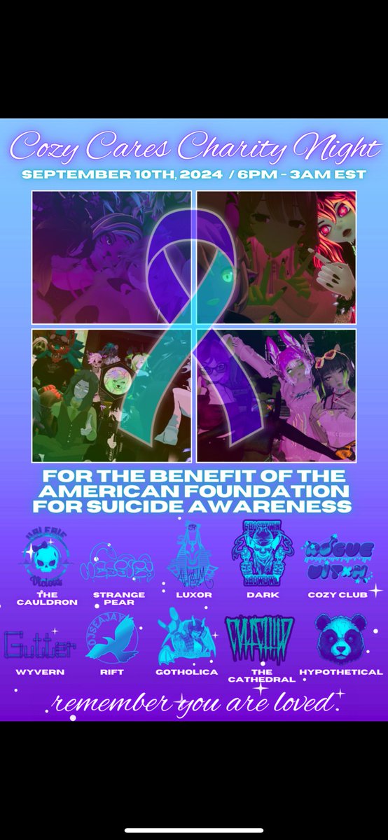 Tonight I’ll be throwing down for <a href="/clubdarkvrc/">DARK</a> (7PM EST) for a suicide awareness event put on by <a href="/CozyClubVRC/">CozyClub</a>. If $100 is raised during my set I got a surprise in store for y’all. So even if you aren’t able to donate, spread the word and I hope to see you there.