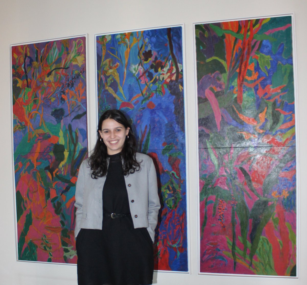 Nina Lang, Pius Langa Memorial Fellow 2024-25 and former clerk to Justice Theron, is off to London this month to start her LLM at <a href="/UCLLaws/">UCL Faculty of Laws</a>. Nina is pictured here in the <a href="/ConCourtSA/">Constitutional Court</a> public gallery with Andrew Verster's vibrant triptych 'Hotlands' from the <a href="/concourt_art/">Constitutional Court Art Collection</a> collection