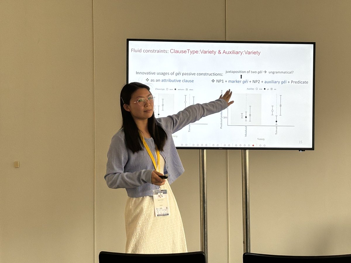Our own Sumin Guan presenting about the long passive marker in Mainland vs Taiwanese Mandarin at #ICL2024 <a href="/ICL2024/">21st International Congress of Linguists</a>