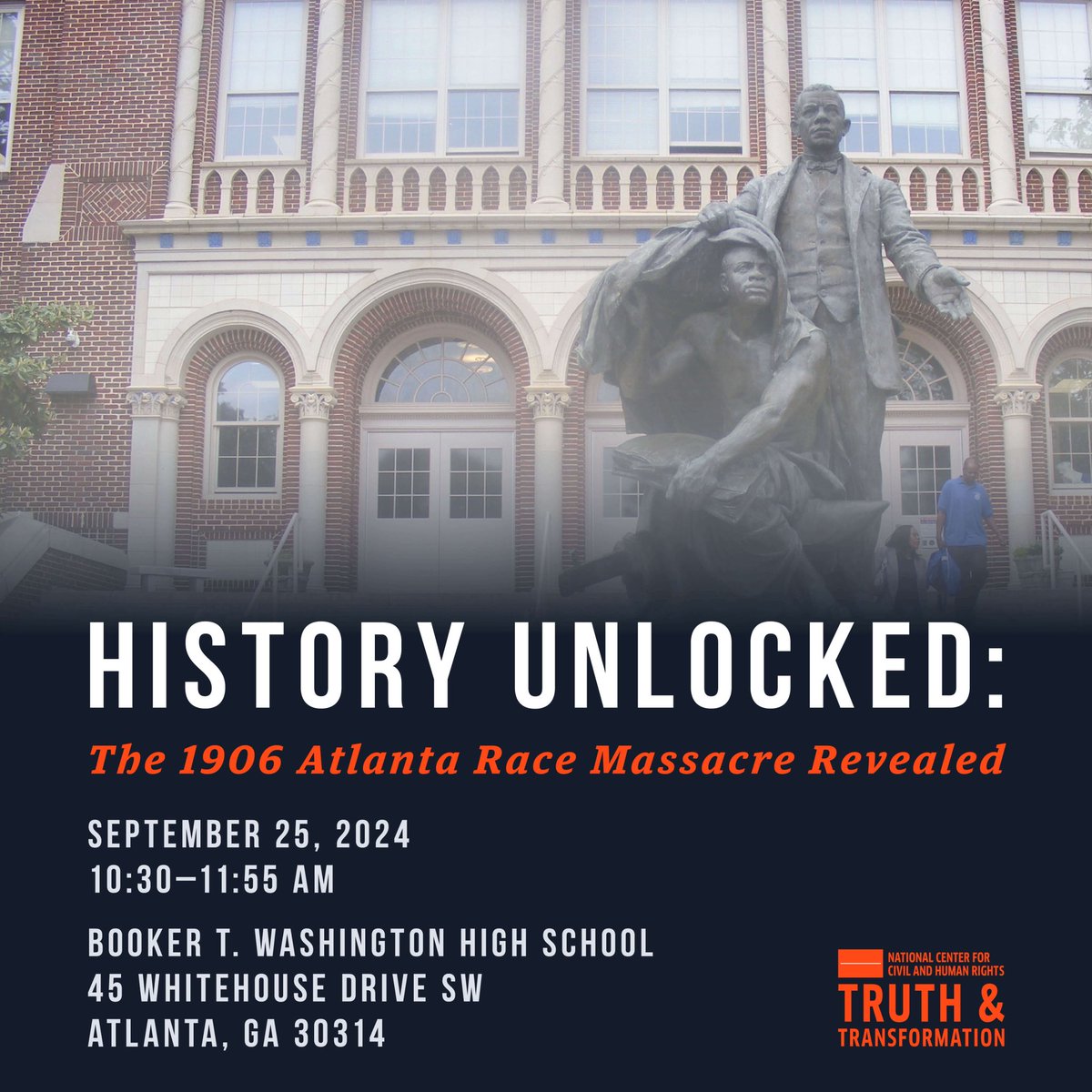 Broderick Jones (@ap_bjones) on Twitter photo Great Morning Everyone,
 
Join us on September 25, 2024, for a meaningful event with Booker T. Washington High School 11th Grade students and faculty as we explore the impact of the 1906 Atlanta Race Massacre. Great Morning Everyone,
 
Join us on September 25, 2024, for a meaningful event with Booker T. Washington High School 11th Grade students and faculty as we explore the impact of the 1906 Atlanta Race Massacre.